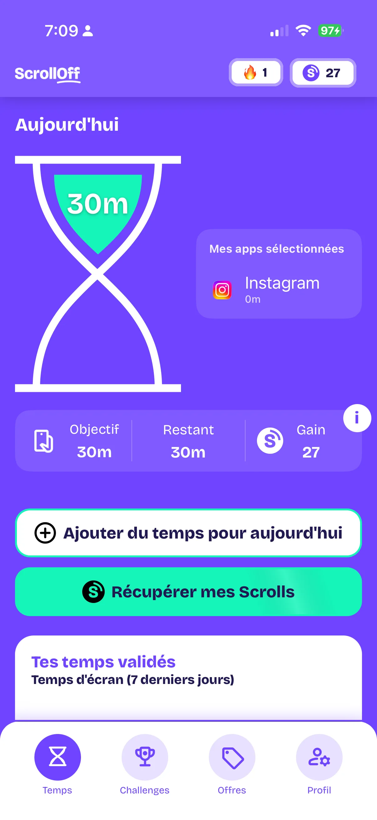 Scroll-Off — accueil avec objectif de 30 minutes de temps d'écran et Scrolls gagnés