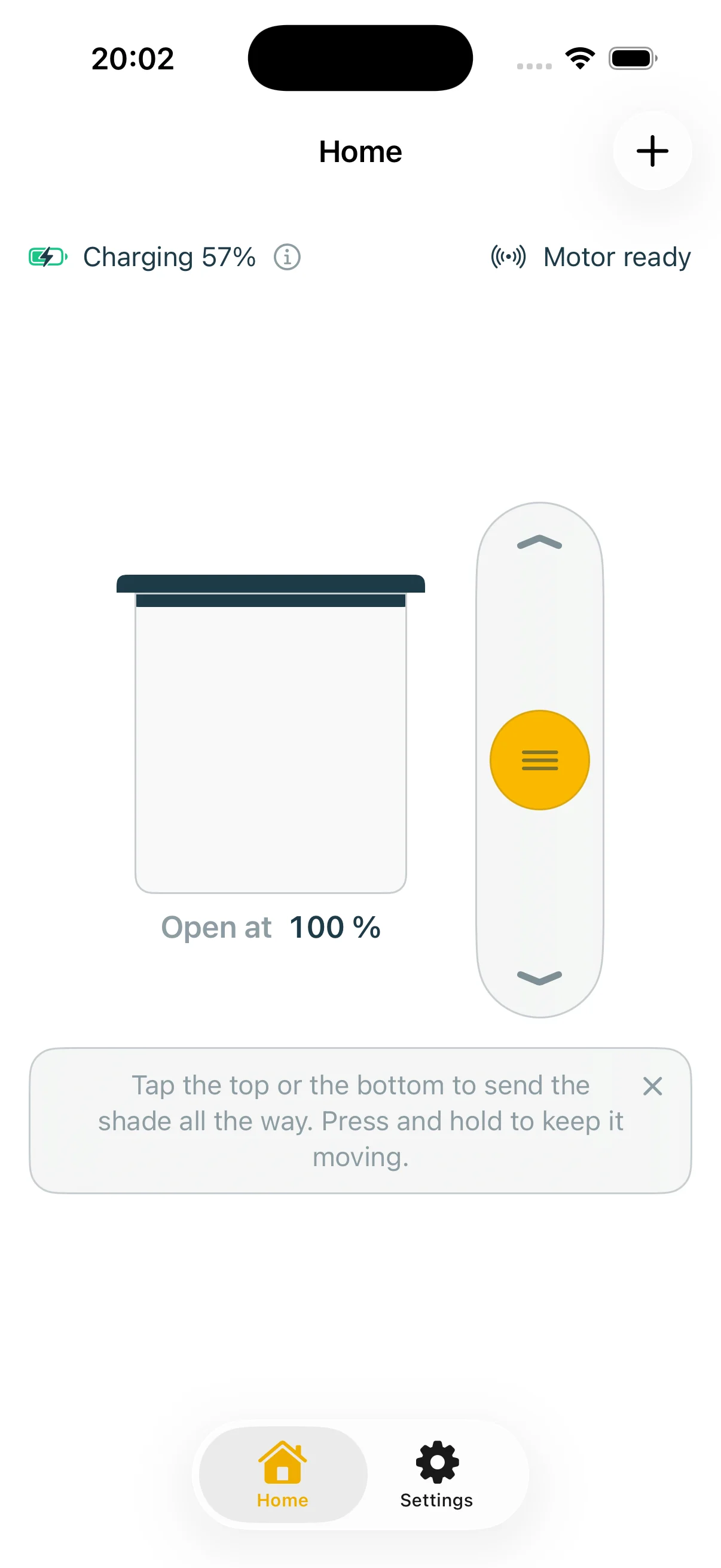 Somfy Play Lab — accueil : volet ouvert à 100 %, barre solaire en charge à 57 %, moteur prêt